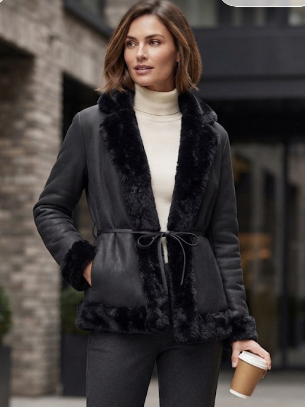 Static Black Faux Fur Lined Jacket Tie Waist Soft Outerwear Medium